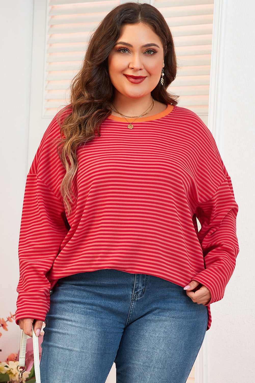 Stripe Plus Size Drop Shoulder Long Sleeve Buttoned Decor Top