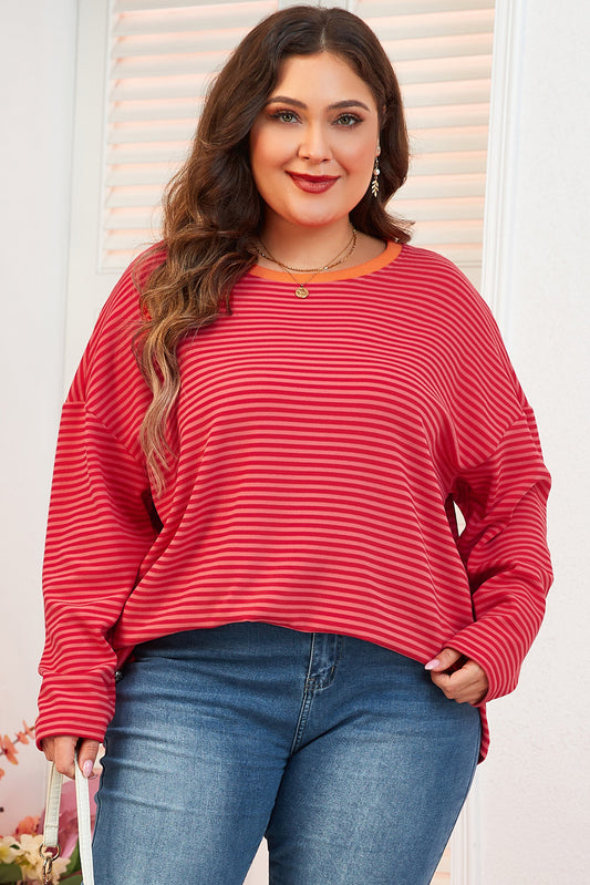 Stripe Plus Size Drop Shoulder Long Sleeve Buttoned Decor Top