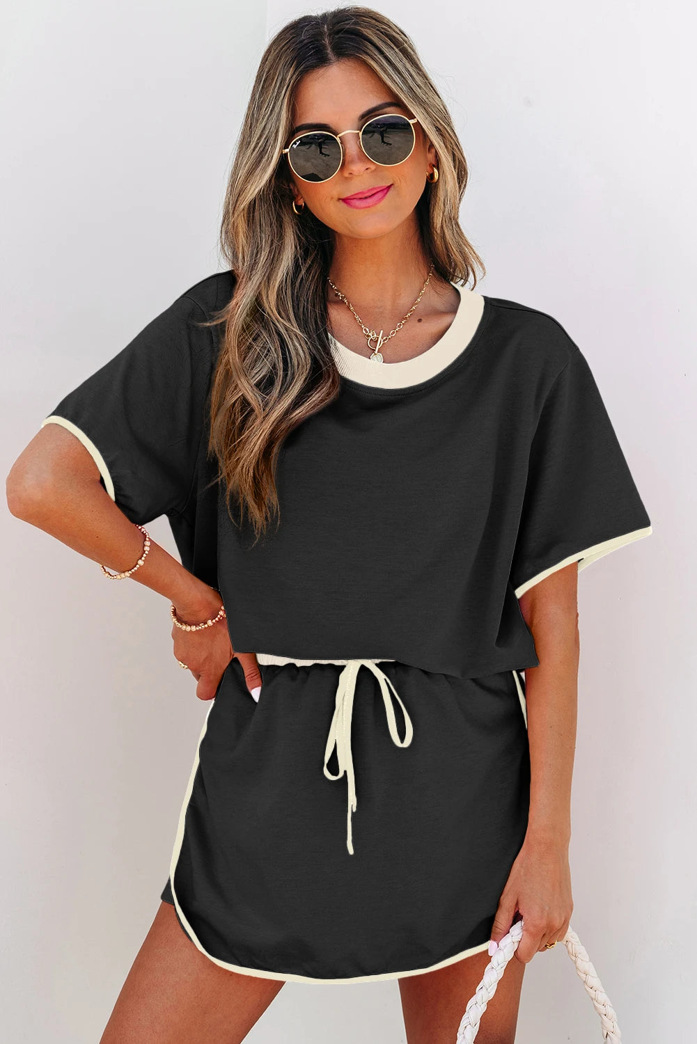 Rose Red Colorblock Edge Drop Shoulder T Shirt and Skort 2Pcs Set
