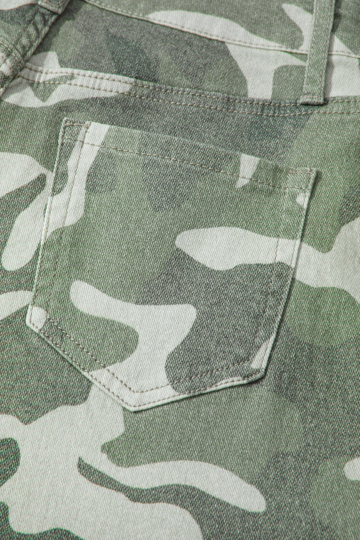 Green Camo Print Button Fly Straight Leg Ankle Length Jeans