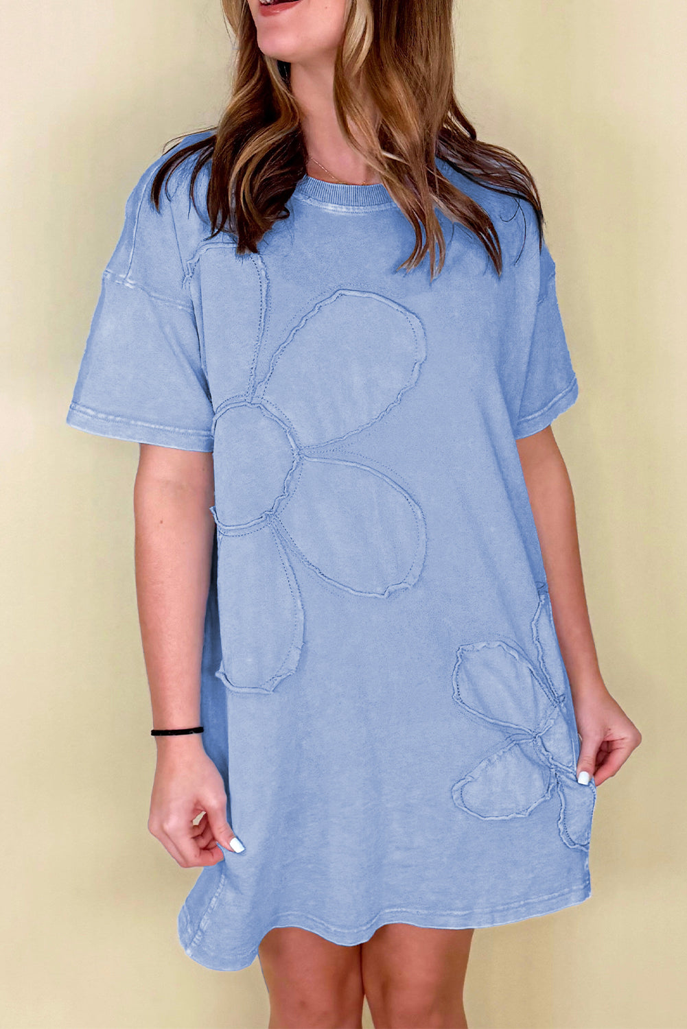Mint Green Mineral Wash Flower Patchwork Mini T Shirt Dress
