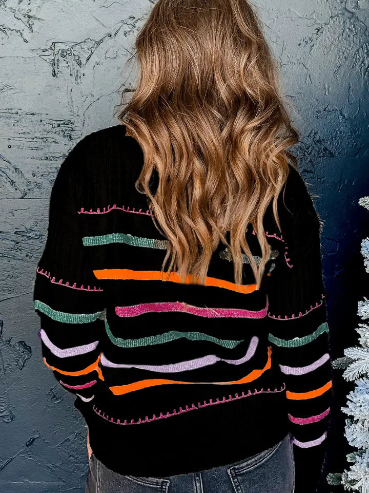 White Colorful Striped Ribbed Trim Sweater