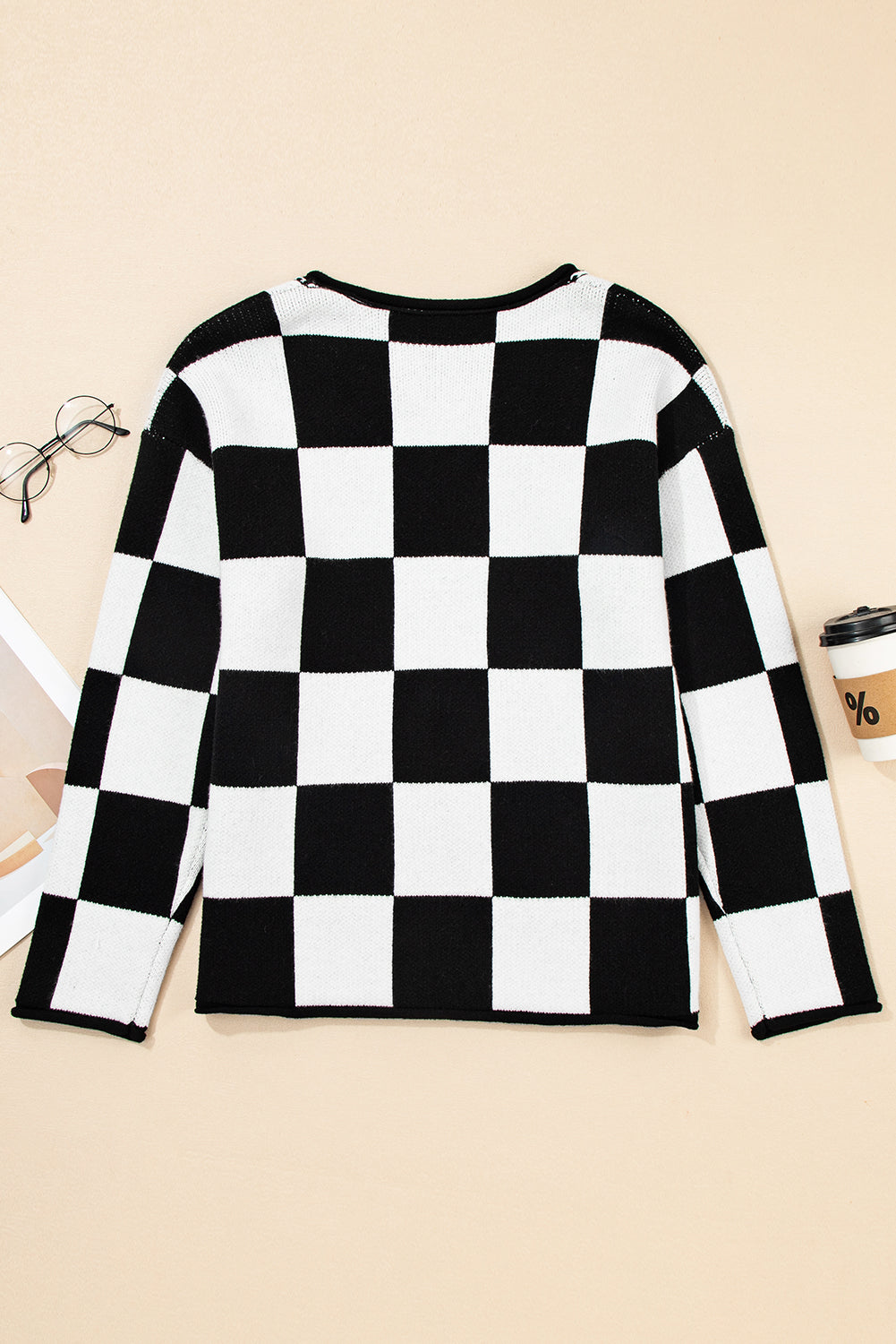 Green Checked Notched Neckline Drop Shoulder Knit Sweater