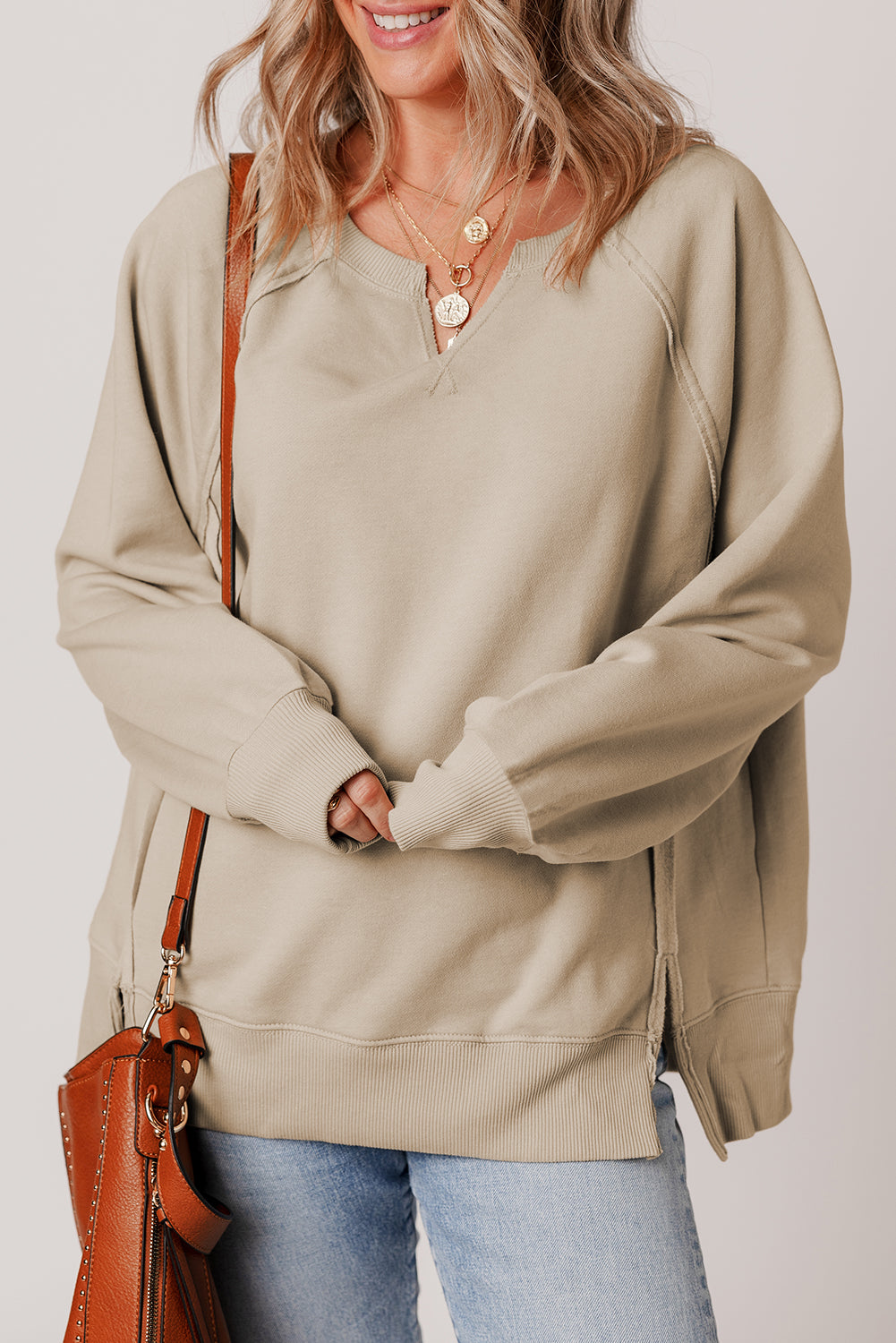 Parchment Raw Edge Exposed Seam Raglan Sleeve Side Slit Sweatshirt