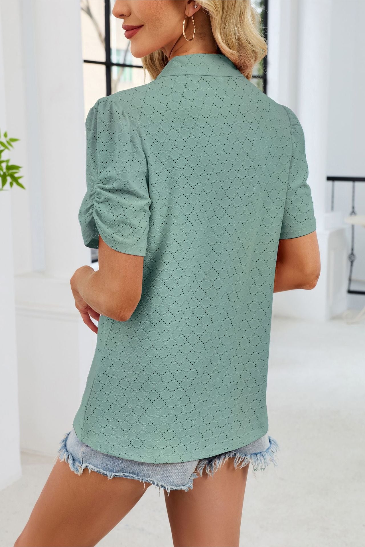 Women's V-Neck Puff Sleeve Polo Shirt Loose Casual Summer Top