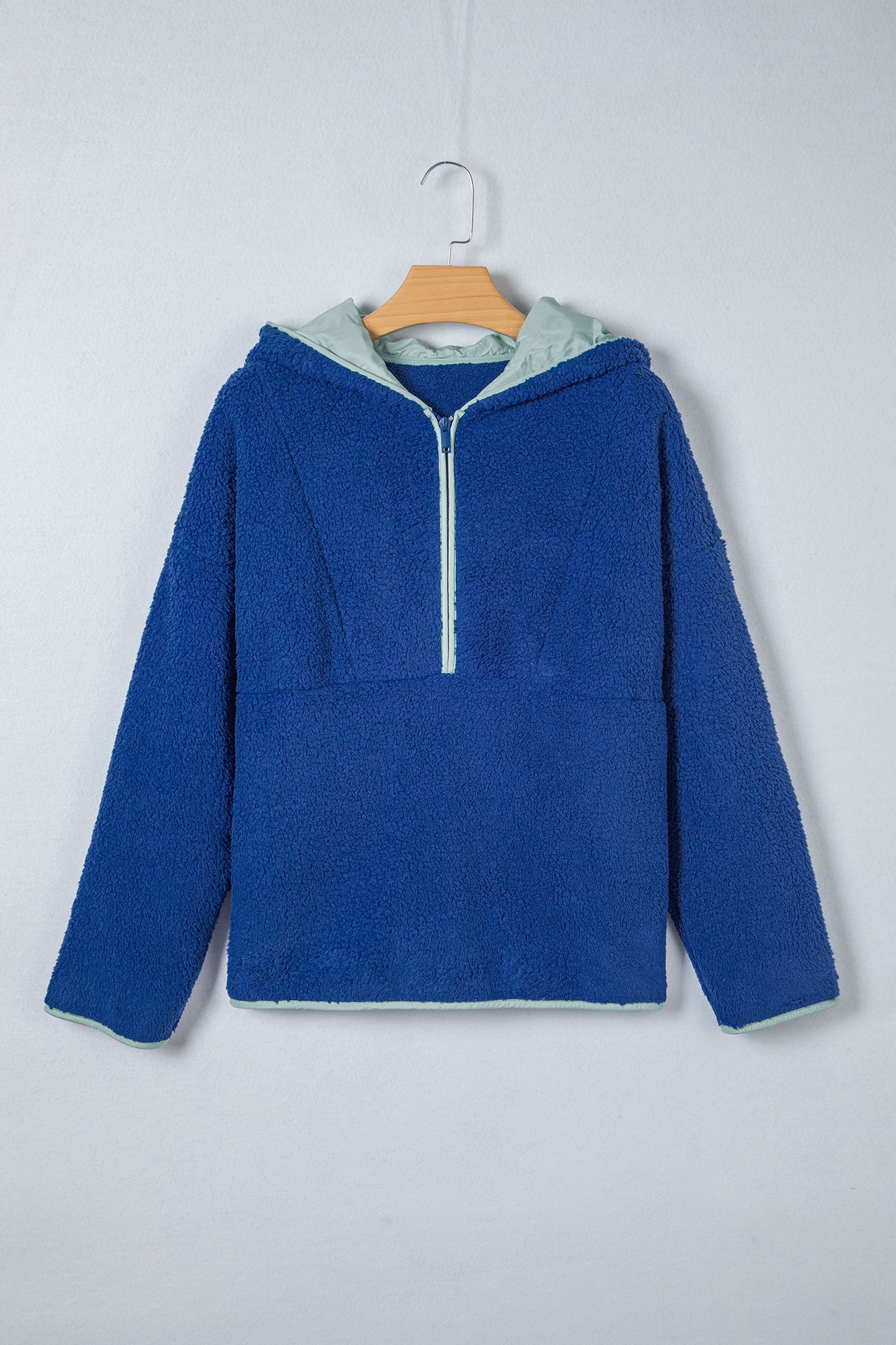 Sky Blue Sherpa Half Zip Contrast Trim Pullover Hoodie