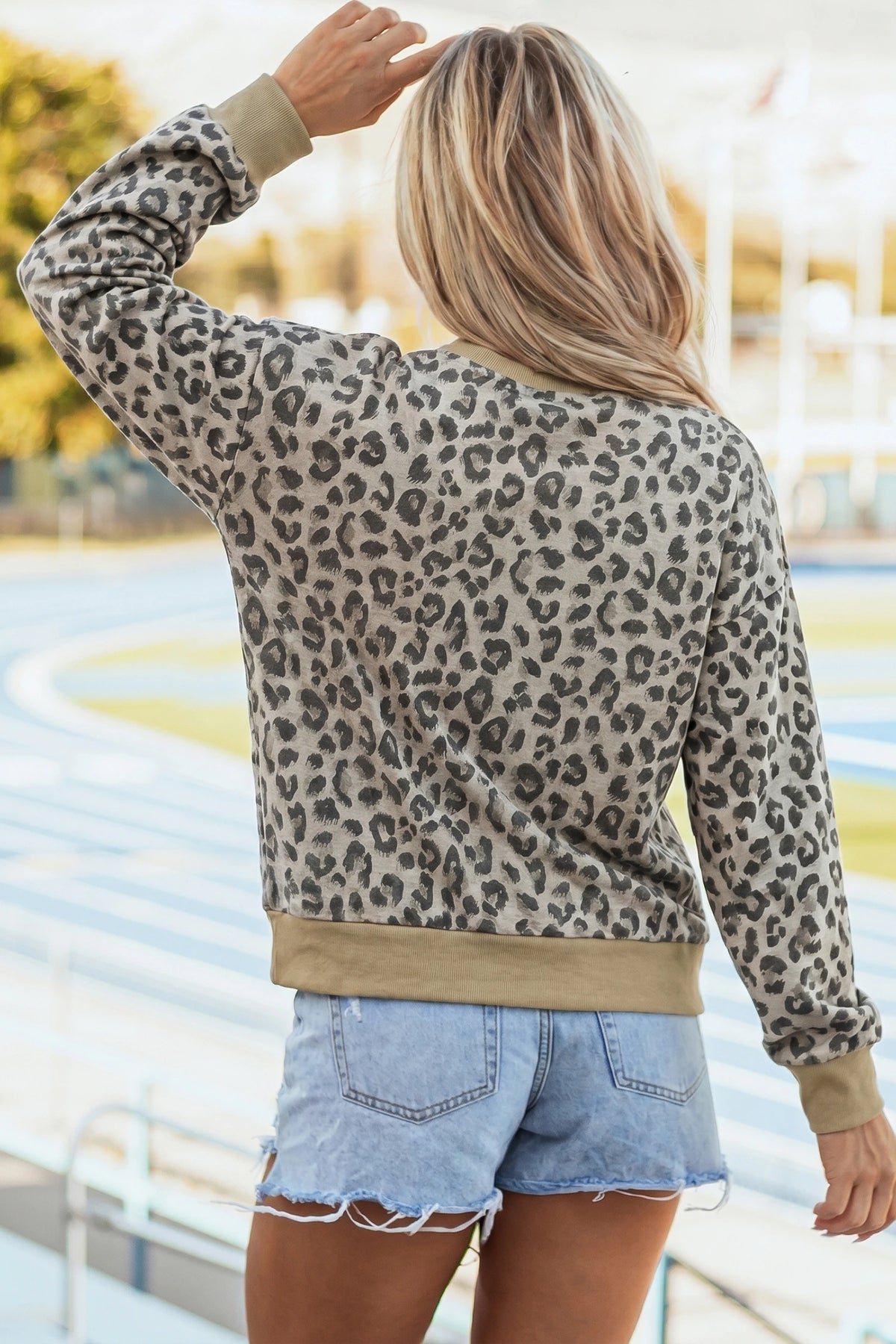 Beige Leopard/Camouflage Print Ribbed Trim Mock Neck Long Sleeve Top