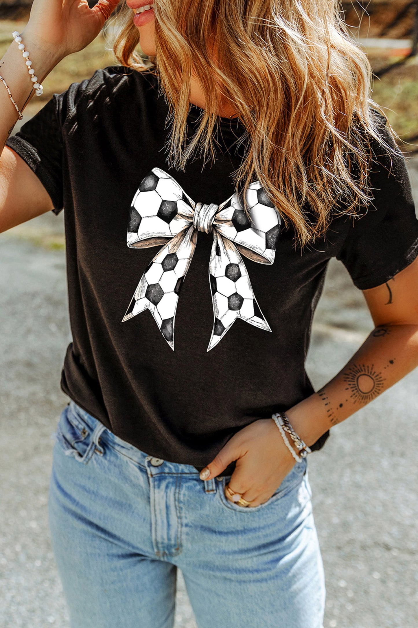 Soccer Print Graphic Tee Trendy Bow Boutique Top
