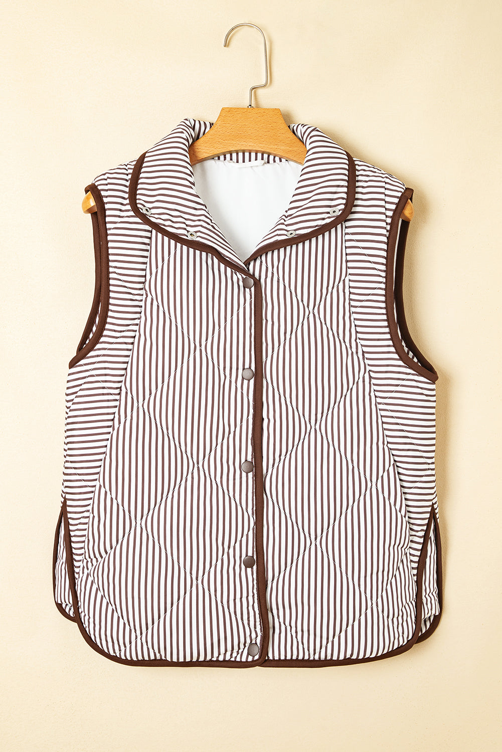 Brown Stripe Contrast Trim Snap Button Collared Winter Vest