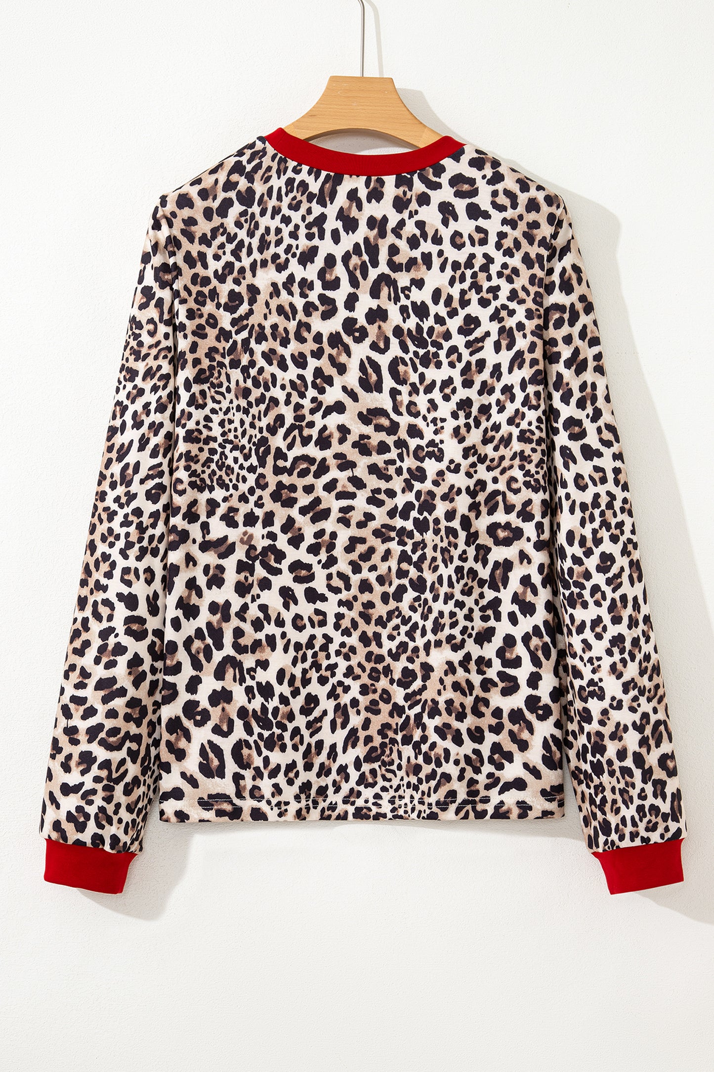 Brown Leopard Print Contrast Trim Round Neck Long Sleeve Top