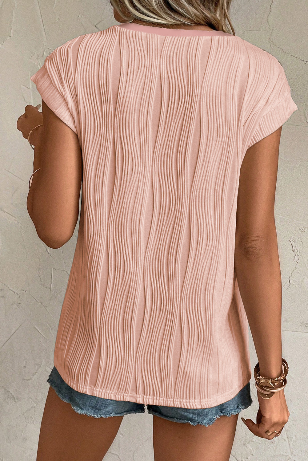 Apricot Wavy Textured Button V Neck Tee