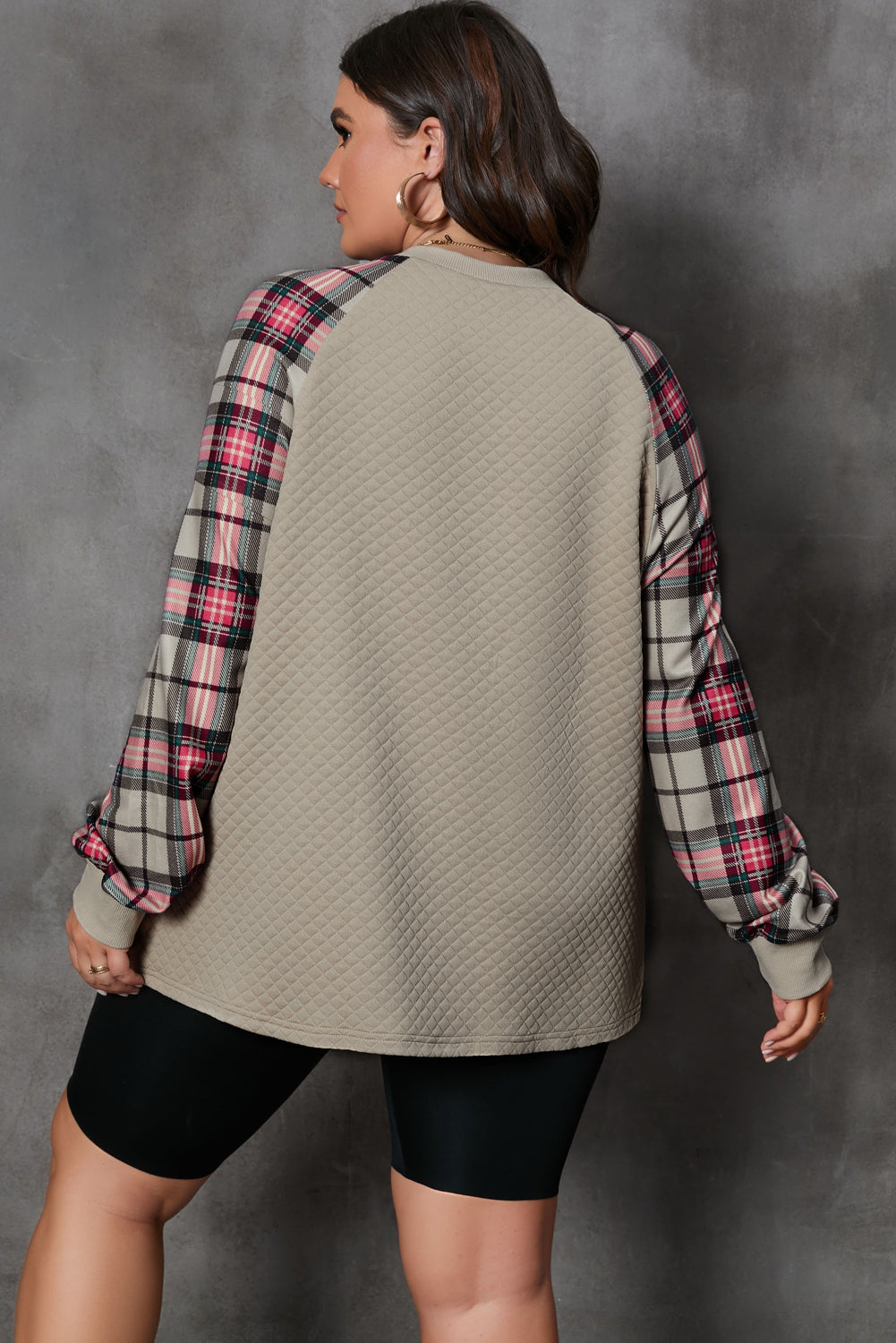 Apricot Quilted Buttoned Neckline Stand Neck Pullover Sweatshirt