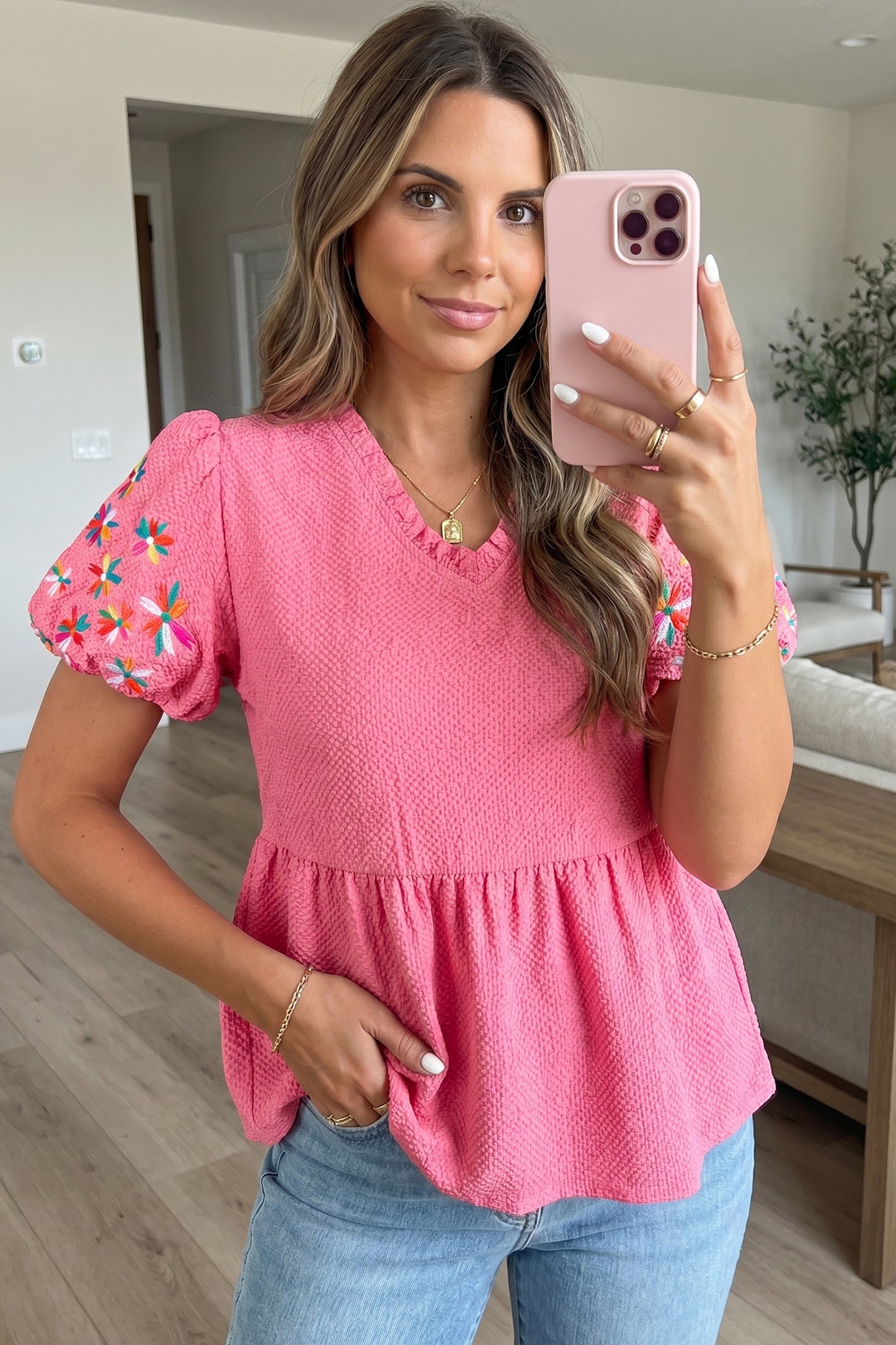 Sachet Pink Frilled V Neck Flower Embroidered Puff Sleeve Textured Blouse