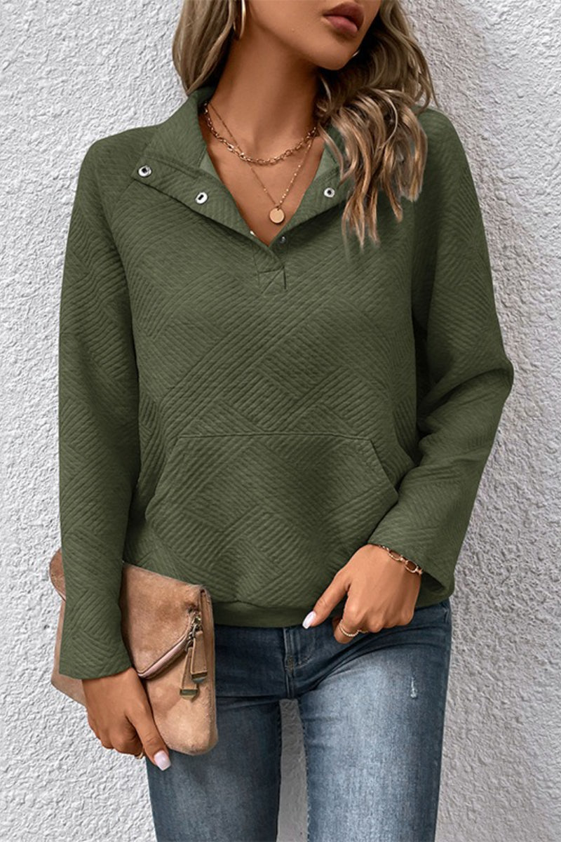 Textured Polyester Sweatshirt Casual Boutique Snap Collar