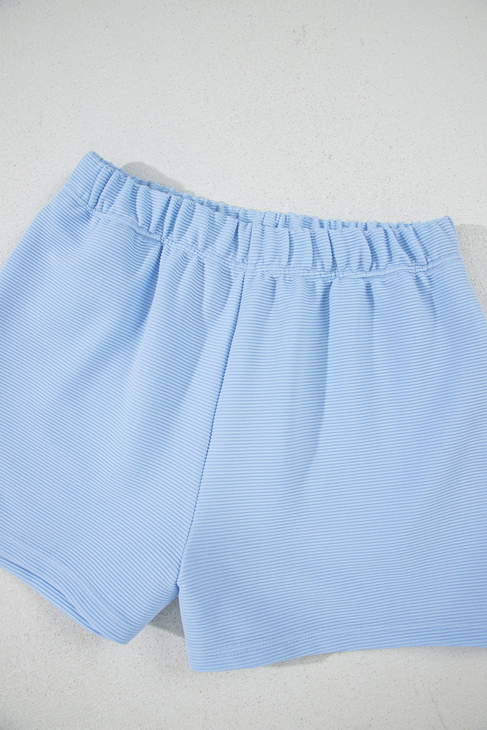 Beau Blue Ribbed Texture Half Zip Ruffled Short Sleeve Top and Shorts Set