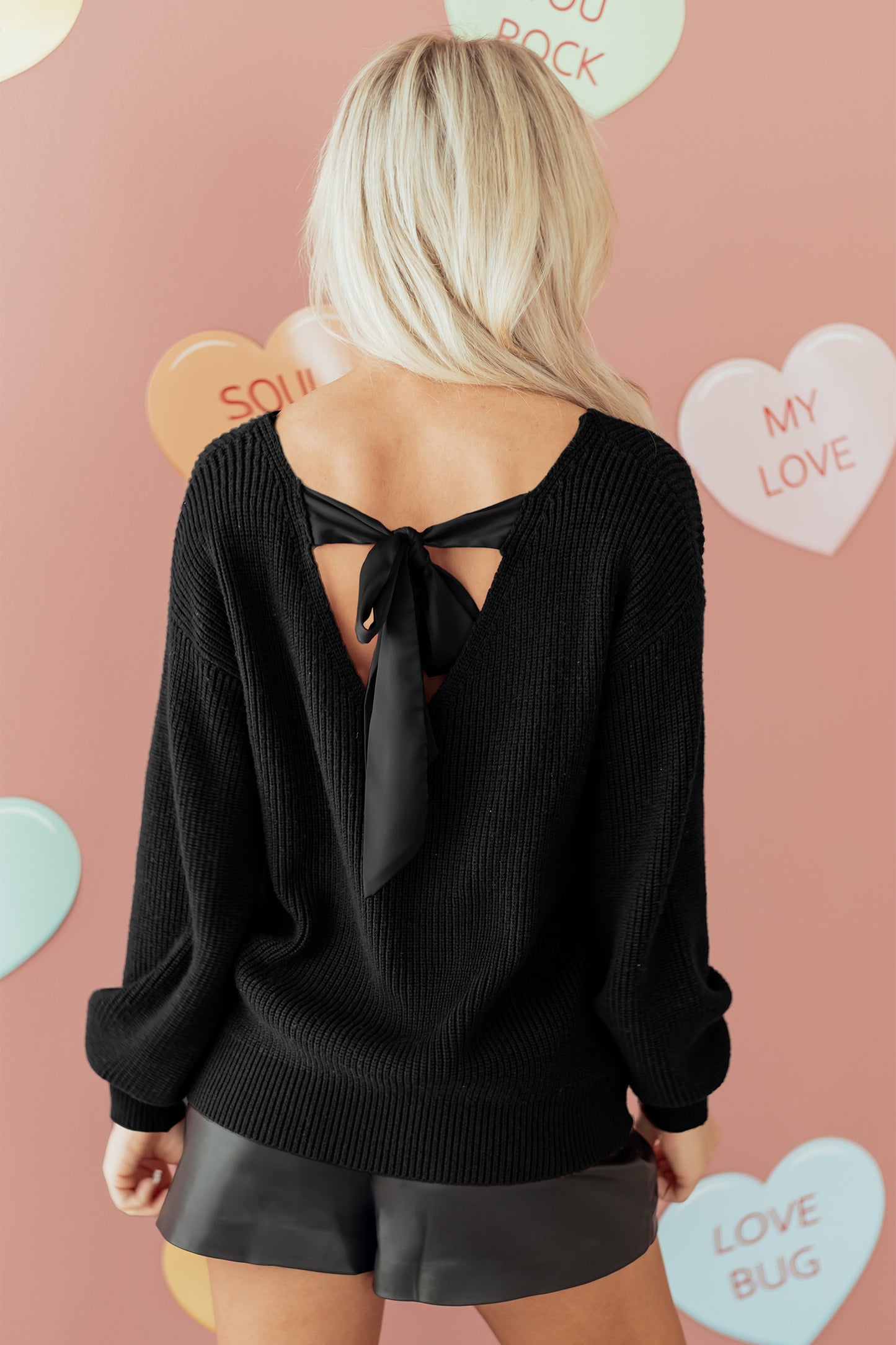 Red Dahlia Ribbed Knit Ribbon Knot Backless Drop Shoulder Sweater