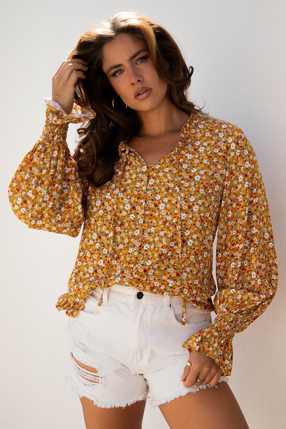 Orange Boho Floral Ruffled Bubble Sleeve V Neck Fall Blouse