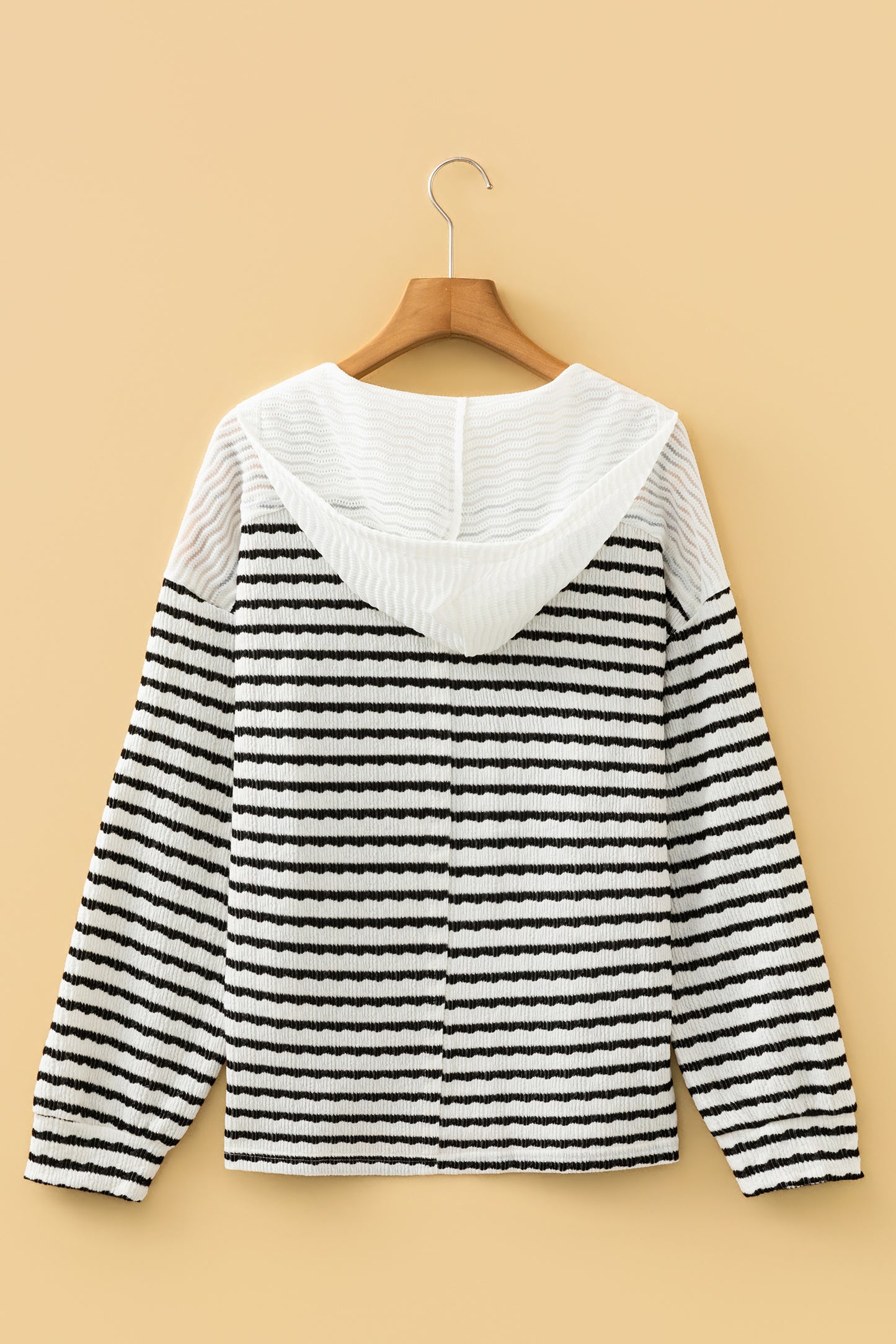 Khaki Stripe Textured Hooded V Neck Casual Long Sleeve Top