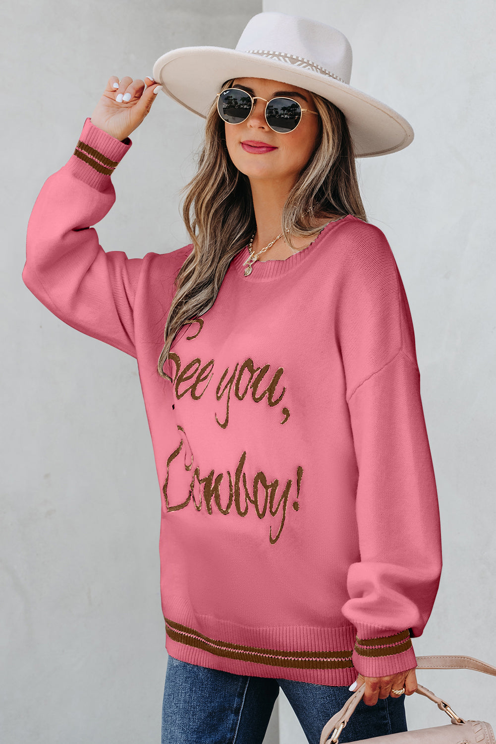 White See You Cowboy Embroidered Western Graphic Sweater