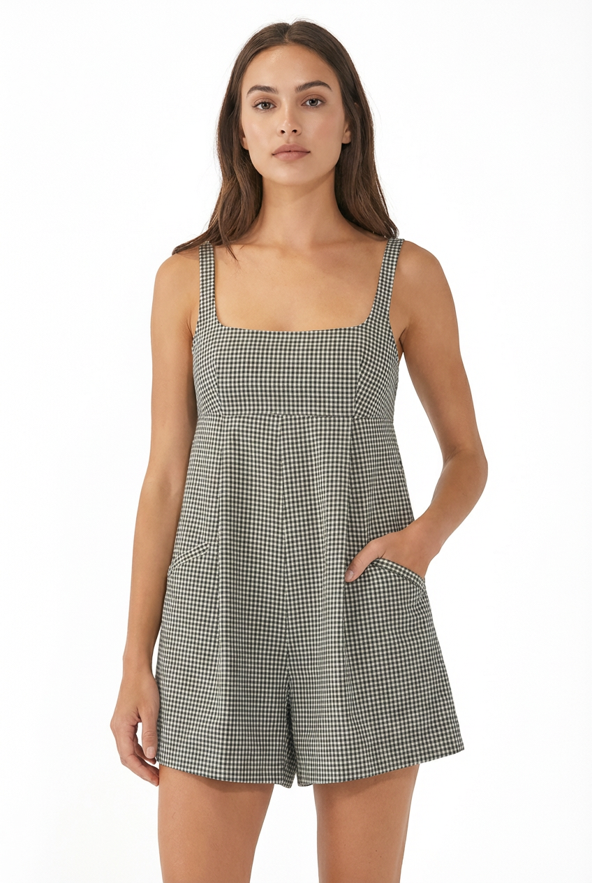 Sleeveless Plaid Square Neck Babydoll Romper