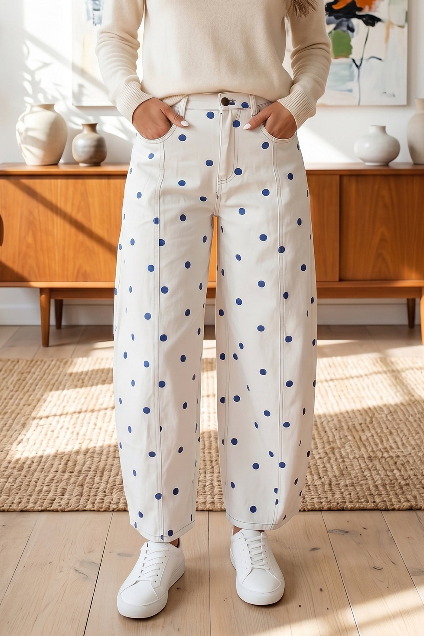Polka Dot Cotton Jeans Casual High Waist Wide Leg