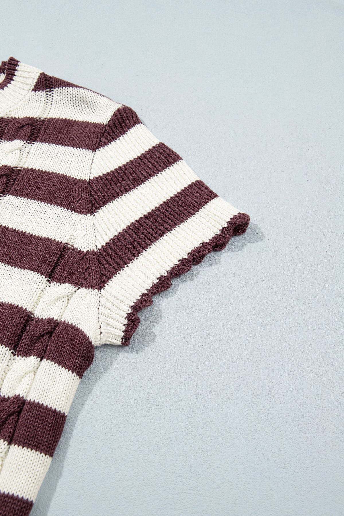 Brown Stripe Ribbed Knit Cable Detail Short Sleeve Sweater