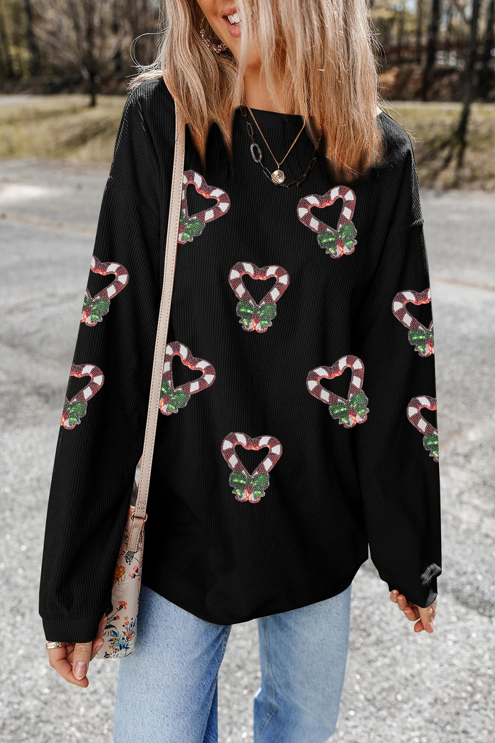 Black Sequin Christmas Candy Cane Heart Graphic Drop Shoulder Ribbed Sweatshirt