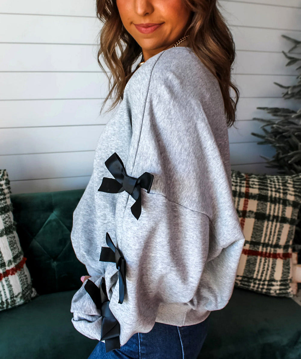 Light Grey Contrast Bow Applique Drop Sleeve Round Neck Sweatshirt