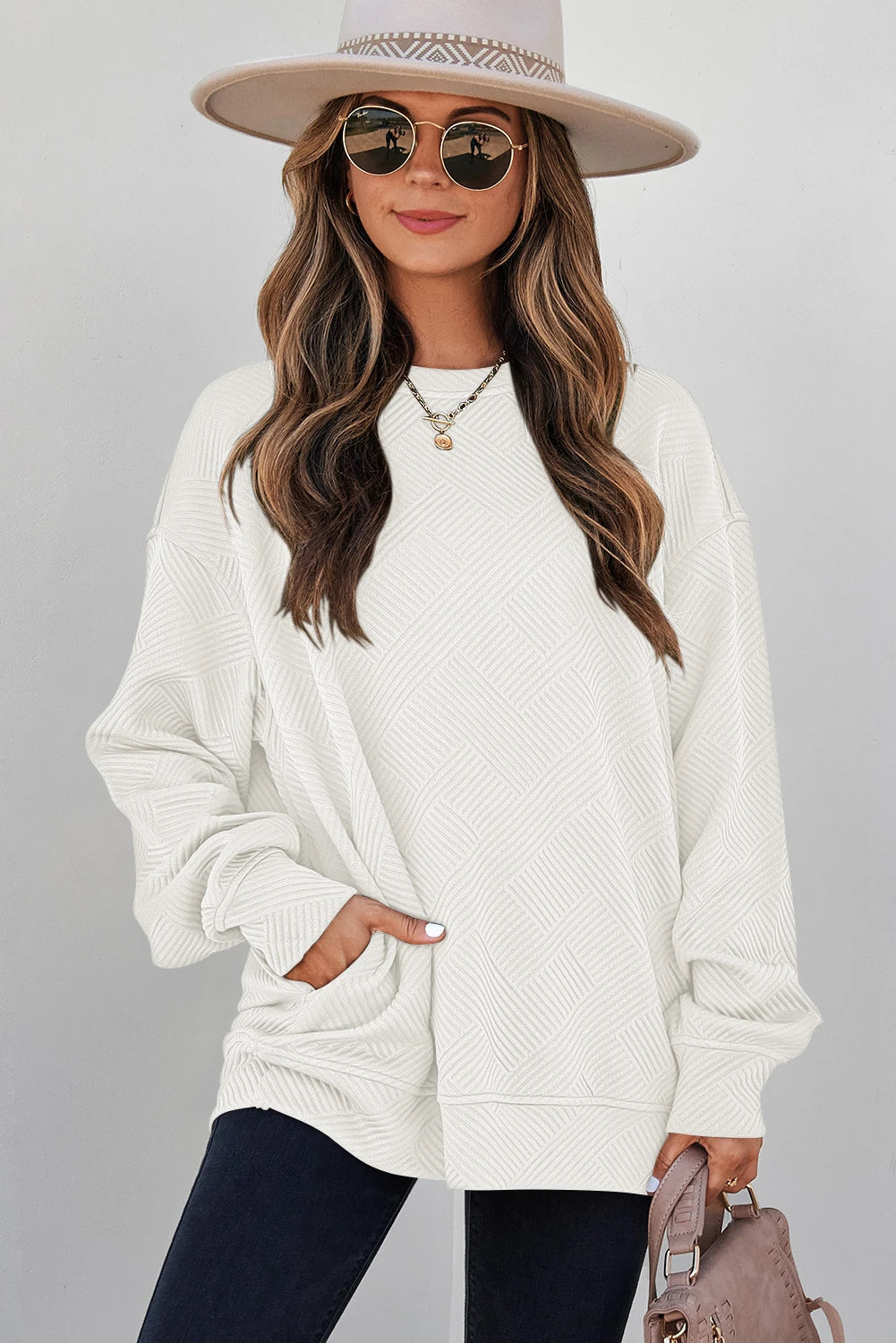 Jungle Green Solid Color Textured Round Neck Drop Shoulder Pullover Sweatshirt