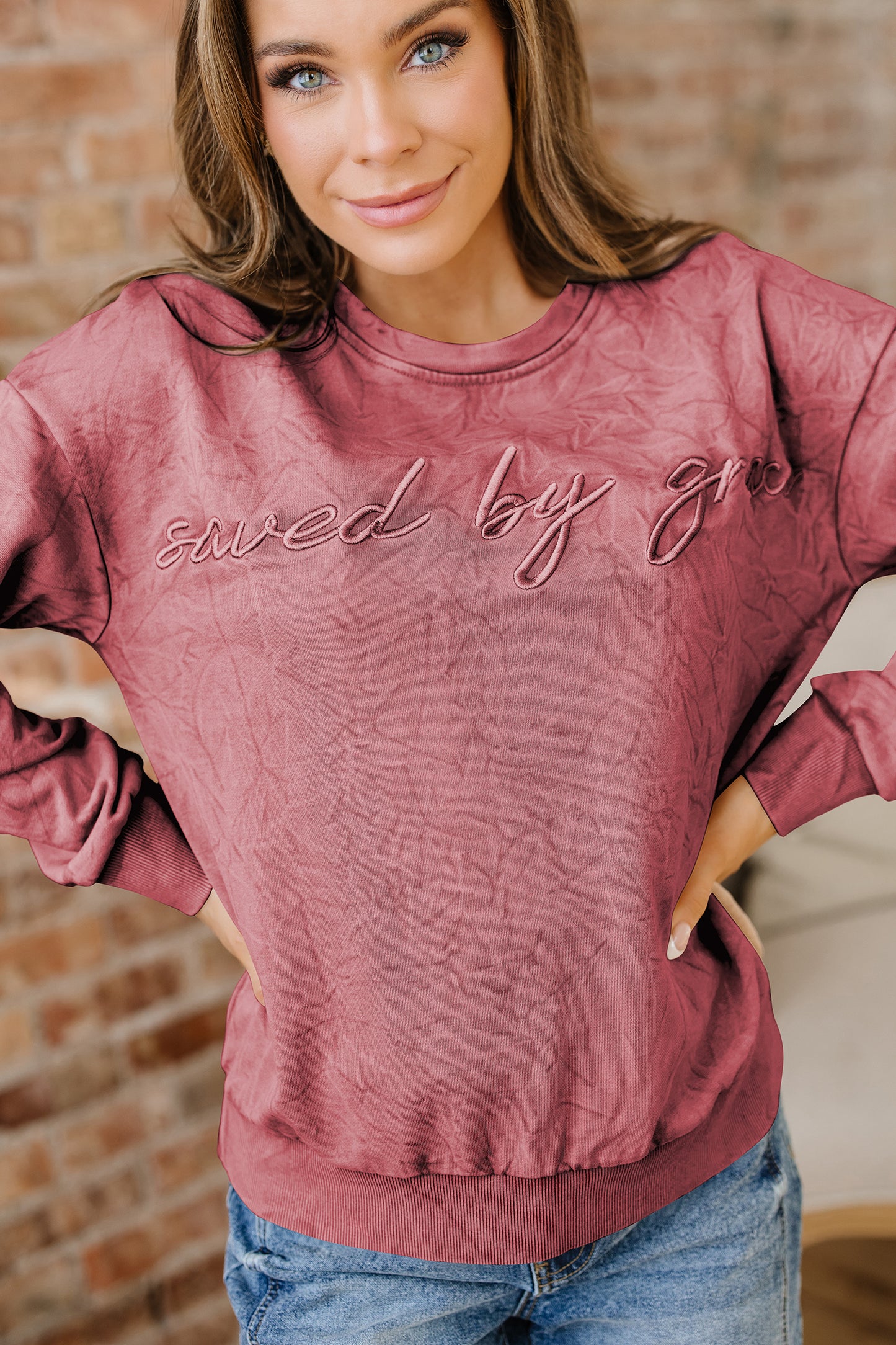 Saved by grace Letter Embroidery Mineral Wash Loose Sweatshirt