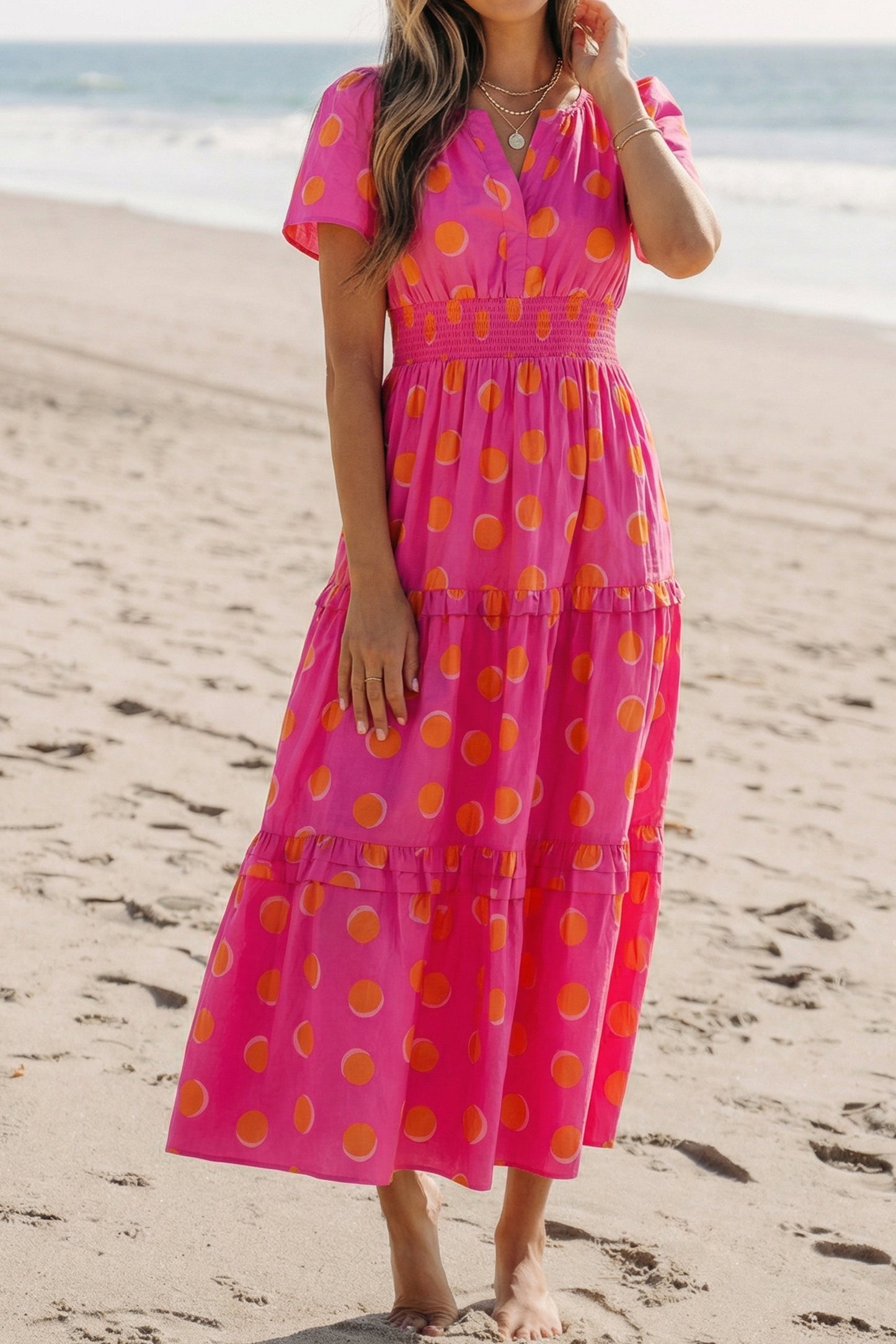 Polka Dot Midi Dress V Neck Smocked Summer Dress