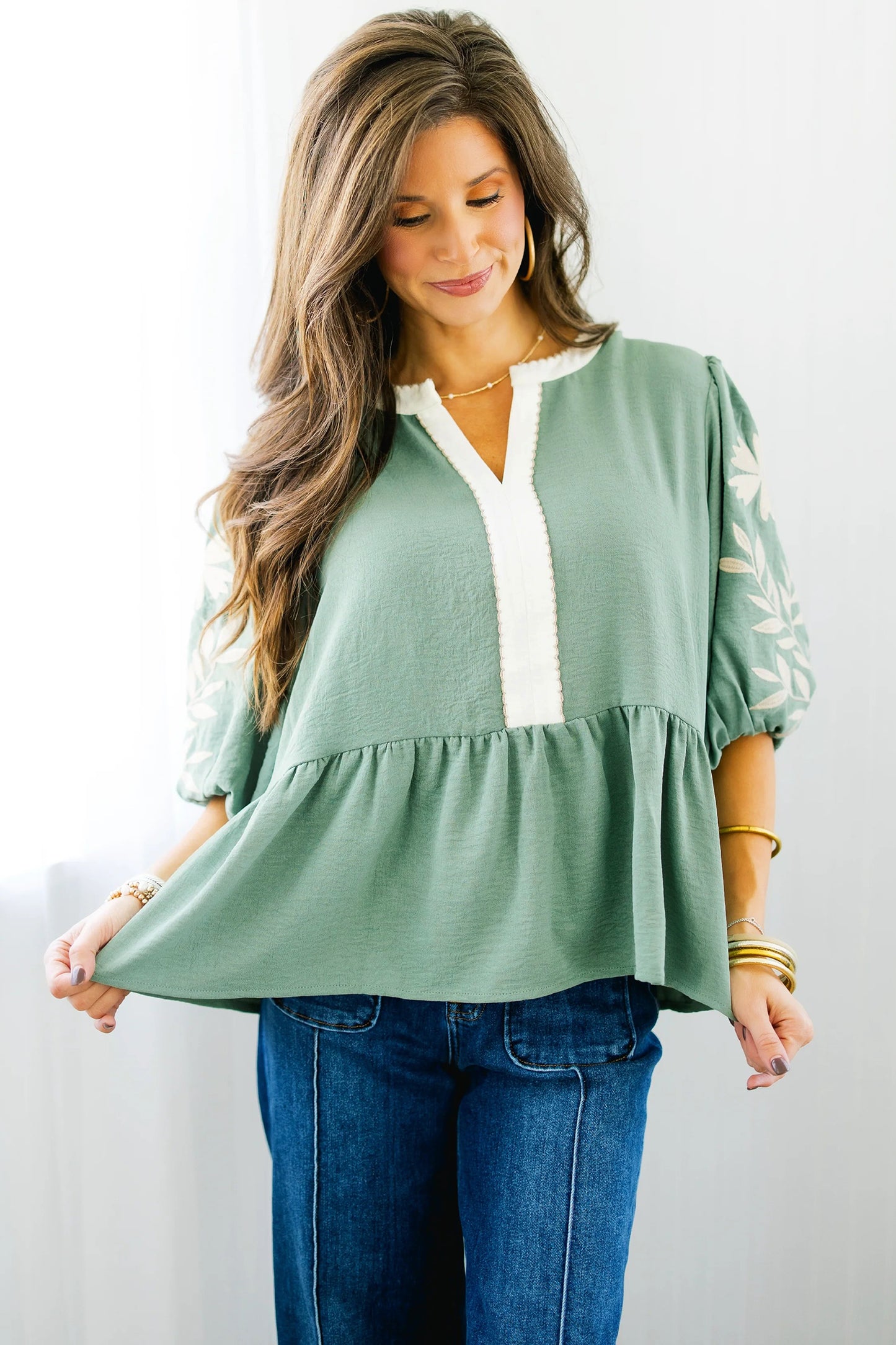 Smoke Green Color Block Patchwork V Neck Embroidered Puff Sleeve Babydoll Blouse