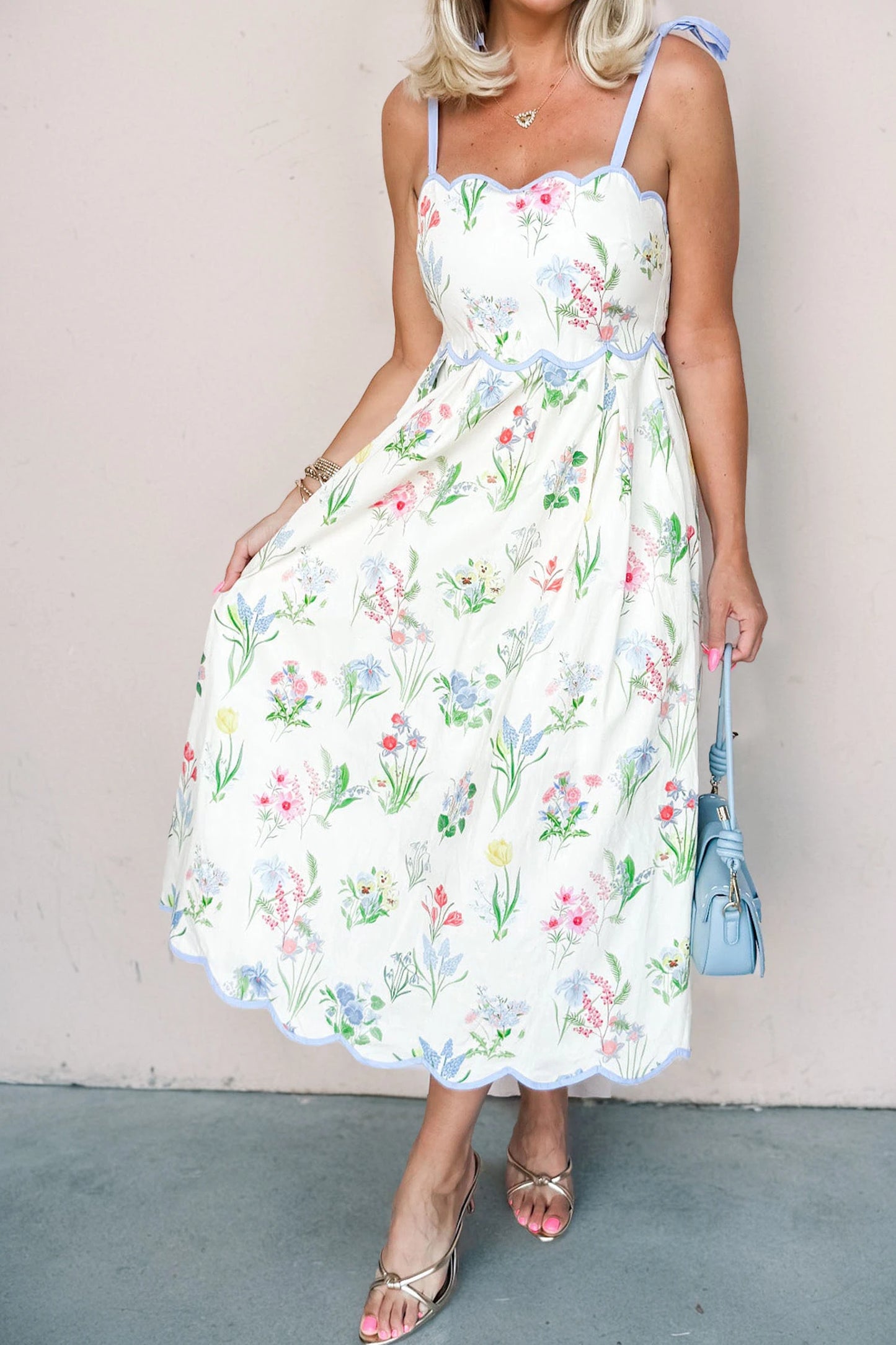 shop similar  shop similar  Beige Floral Print Contrast Trim Self-tie Straps High Waist Midi Dress