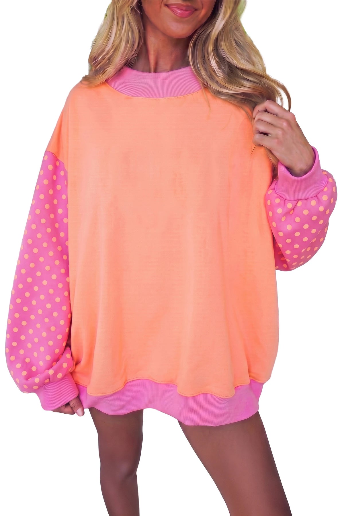Coffee Colorblock Polka Dot Puff Sleeve Shift Tunic Pullover Sweatshirt