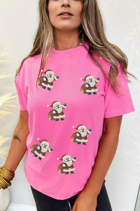 Sachet Pink Santa Claus Deliver Gifts Sequin Graphic Tee