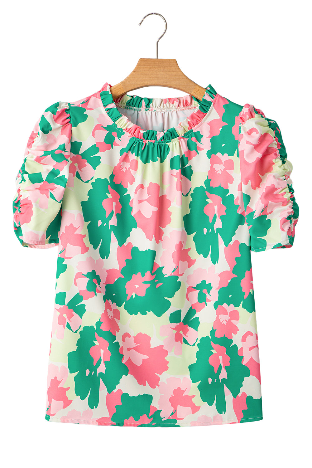 Green Abstract Print Frilly Neck Ruched Short Sleeve Blouse