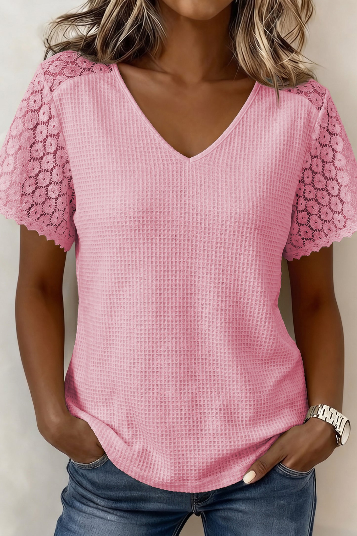 Patchwork Lace Viscose Blend Blouse Casual V-Neck Shift Top