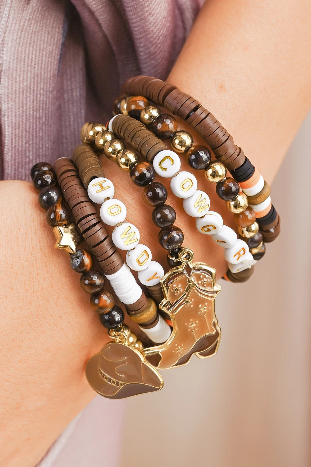 Coffee HOWDY COWGIRL Western Beaded 7pcs Stretch Bracelet Set