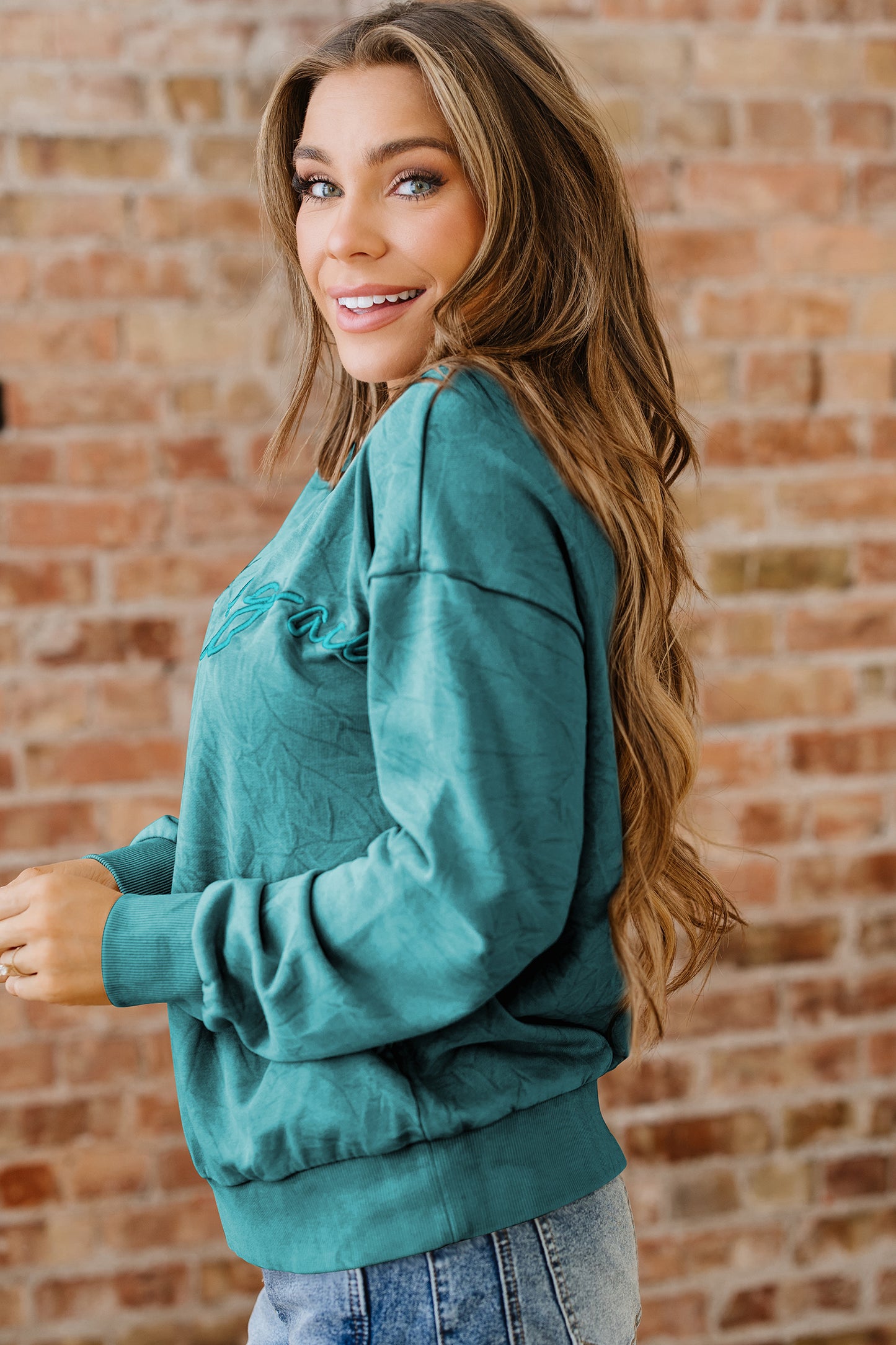 Saved by grace Letter Embroidery Mineral Wash Loose Sweatshirt