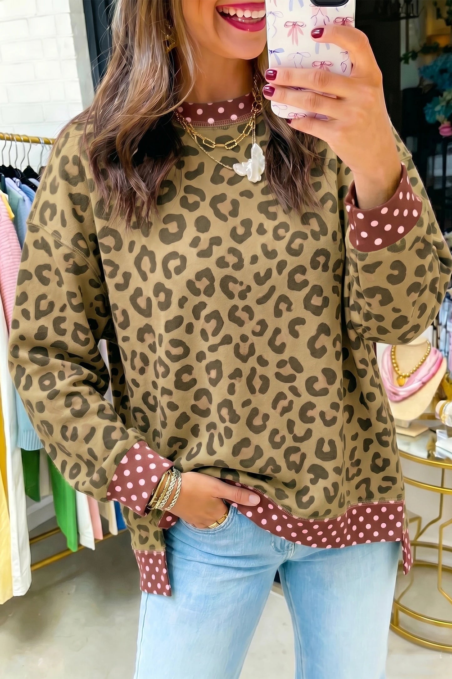 Pink Leopard Polka Dot Colorblock Trim Long Sleeve Top