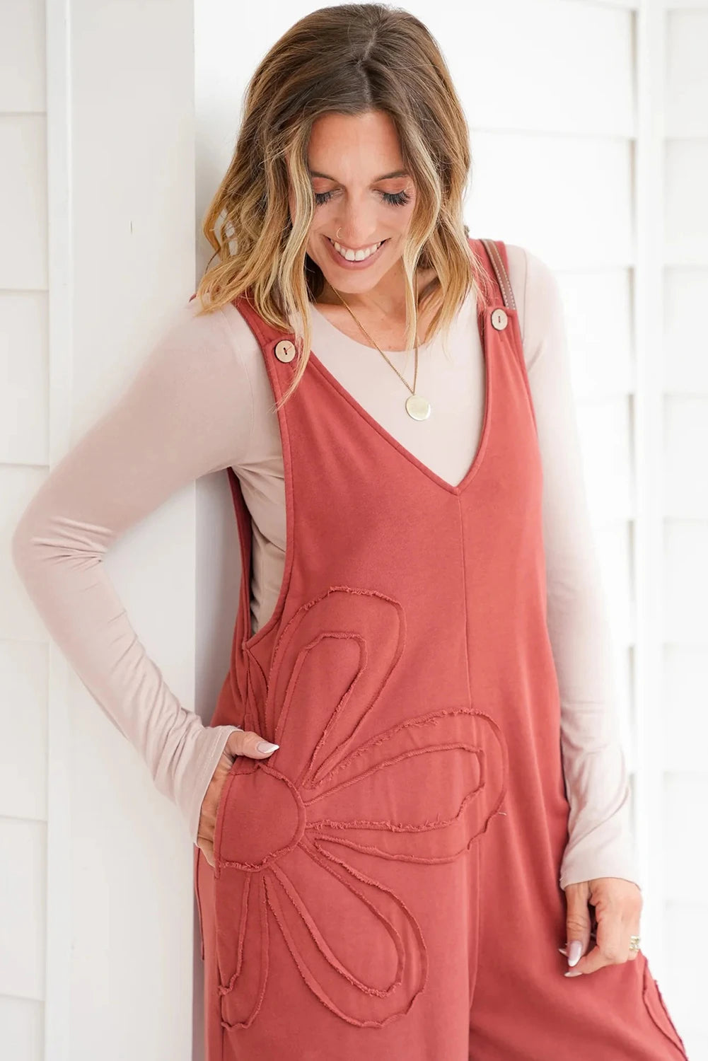 Black Solid Color Raw Seam Big Flower Patched Loose Overall Jumpsuit