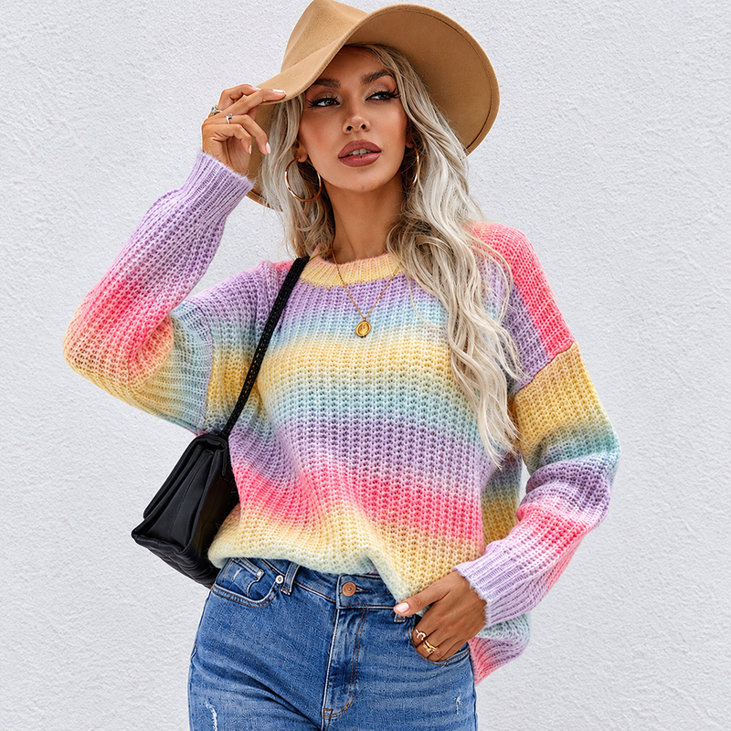 Women's Rainbow Striped Oversized Crew Neck Sweater