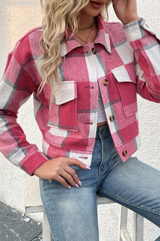 Sleeve Buttoned Cardigan Plaid Jacket With Pockets