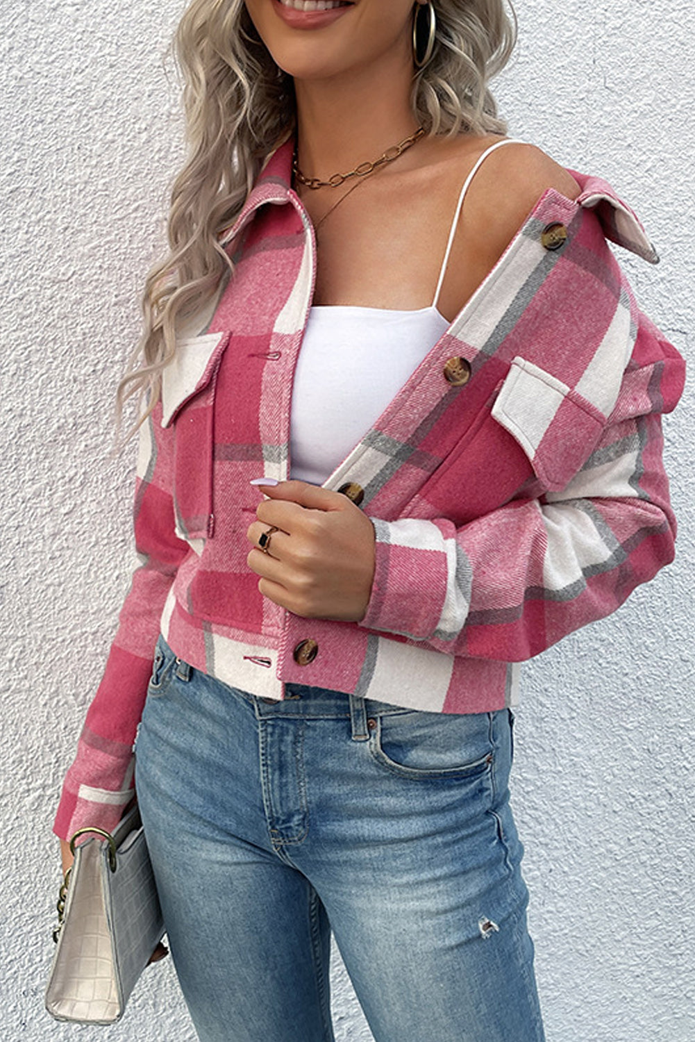 Sleeve Buttoned Cardigan Plaid Jacket With Pockets