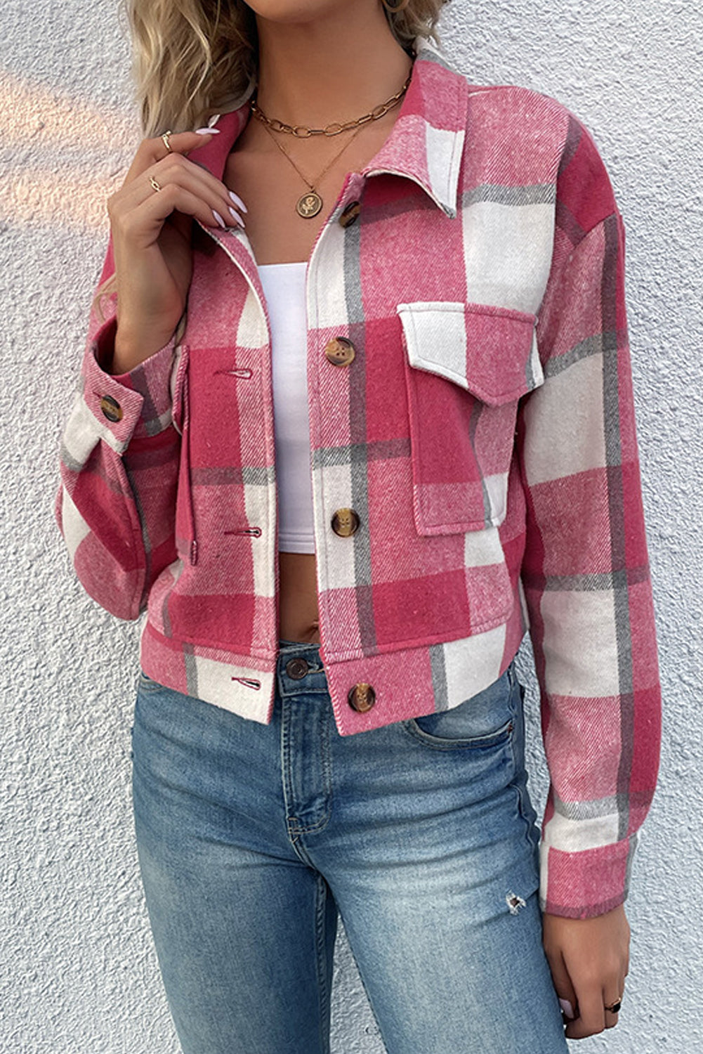 Sleeve Buttoned Cardigan Plaid Jacket With Pockets