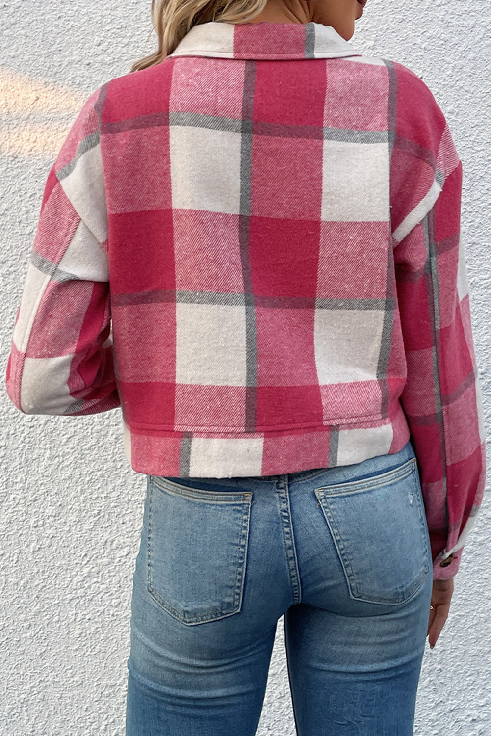 Sleeve Buttoned Cardigan Plaid Jacket With Pockets