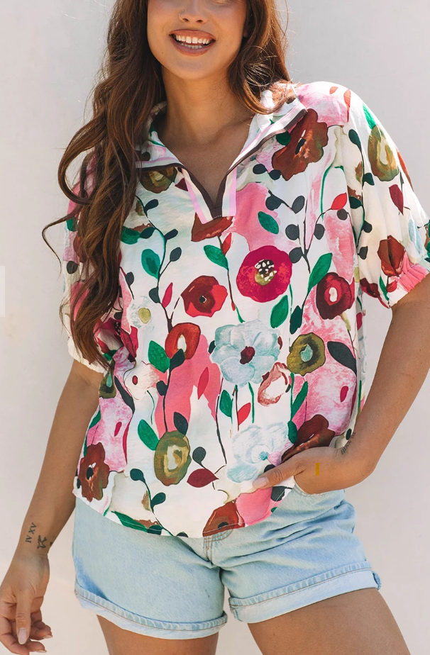 Floral Print Slit V Neck Short Sleeve Blouse