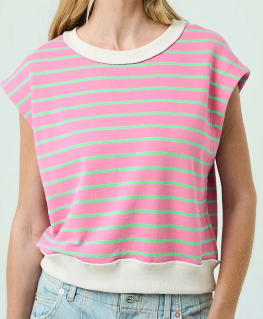 Sachet Pink Striped Crew Neck Cap Sleeve T Shirt