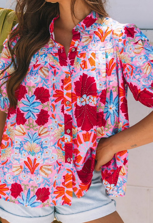 Pink Floral Print Bubble Sleeve Button Up Pleated Shirt