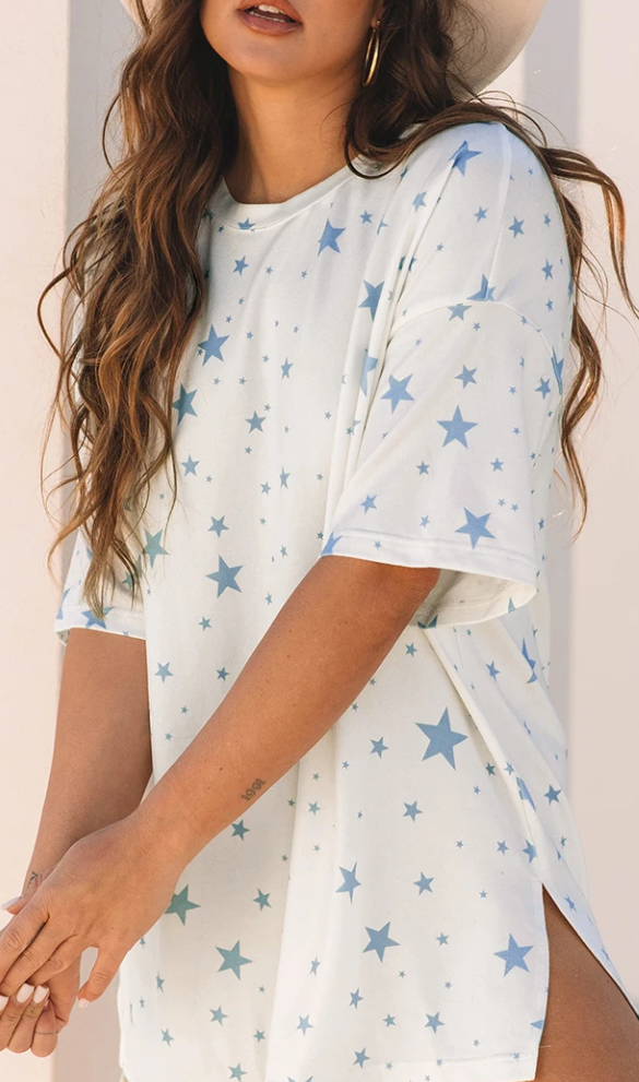 Sky Blue Stars Print Drop Shoulder Oversized T Shirt with Slits